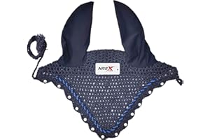 NASX SPORTS Diamante Crystal Horse Fly Hood Veil Ear Bonnet Flyveil Cotton Crochet Handmade Glitter (FULL, Navy Blue)