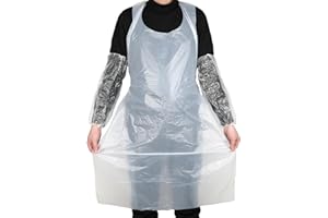 DIYASY Disposable Aprons and Sleeves Set, 100 Pack Waterproof Aprons and 100 Sleeves, White Polythene Aprons & Oversleeves for Cleaning, Cooking, Painting and Daily Use