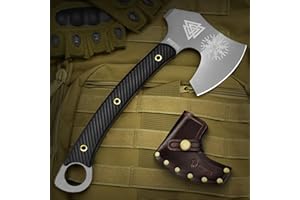 NedFoss VIKING Ascia di sopravvivenza full tang, 31.5cm Ascia piccola da campeggio, con manico G10 e lama in acciaio ad alto tenore di carbonio, con custodia in vera pelle