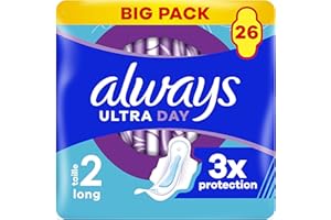 Always Ultra Serviettes Hygiéniques, Taille 2, Long, 26 Serviettes Avec Ailettes, Flux Modérés Jour, Max Confort, Super Absorbantes et Ultra Fines