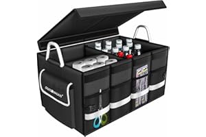 ONATISMAGIN Car Boot Organiser, Collapsible Multi Car Storage, Car Storage Organiser with Non Slip Bottom, Car Boot Tidy with Flap Pocket, Side Pockets and Strong Handle (Black)