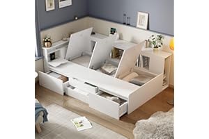 RIAZOS Kinderbett 90x200 mit Schubladen, Regal, und Bücherregal, Kinder Einzelbett - Stauraum unter Bett - Funktionsbett Holzbett, Schlafsofa für Jungen & Mädchen, Jugendbett, Ohne Matratze