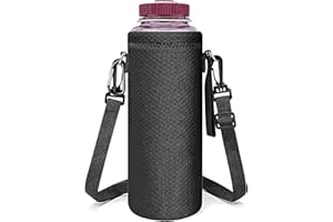 Linkidea Uchwyt na butelkę wody z paskiem, kompatybilny z Nalgene Sustain, szerokie otwory, 1,370 g, neoprenowy uchwyt na butelkę z wodą, z paskiem na nadgarstek i ramię, czarny