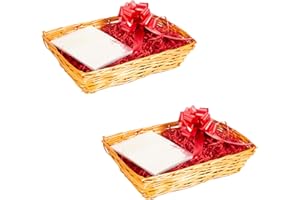 GREEN LEAVES 2PCS Honey Wicker Hampers DIY Gift Basket Hamper Kit Shredded Paper Cello Wrap Pull Bow (Red)