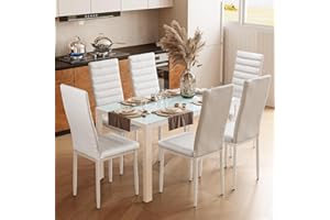 Bealife Set Tavolo e Sedie da Pranzo, 6 Sedie Confortevoli, Tavolo in Vetro Temperato, per Cucina, Stanza da Pranzo e Soggiorno, (6 sedie, Bianca)