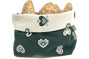 Gaidra Cesto Pane Cestino Portapane in Tessuto Stoffa doubleface in stile tirolese montagna con cuori - Sacchetto di Design fatto con qualità artigianale - 20 x 20 x 10 cm, verde doubleface