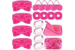 Kklolai 20 Pcs Spa Sleepover Party Supplies for Girls 4 Bow Facial Headband 4 Pink Plush Sleep Eye Mask 4 Velvet Scrunchies 4 Makeup Remover Cloth 4 Clear Cosmetic Bags for Women Slumber (Pink)
