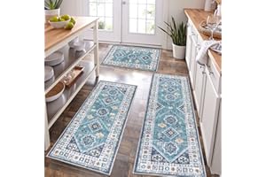 HEBE RUGS HEBE Boho Kitchen Runner Set of 3 Non Slip Machine Washable Kitchen Rugs and Mats, Teal Green, 20"x32"+20"x48"+20"x59"