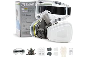 RHINO SMART SOLUTIONS Set de Media Máscara Antipolvo Reutilizable RH-M103 ABEK1 con Gafas, Guantes, 6 Filtros de Protección de Partícular para Gas, Ácido y Amoníaco | Bricolaje Carpintería Vapor y Más