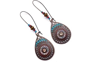 VILDA JEWELLERY Tear Drop Shaped Patterned Bronze Look Charm Bead Earrings with Rhinestones on Large Kidney Hooks : 67mm
