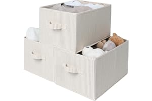 StorageWorks Shelf Storage Boxes, Large Storage Baskets for Shelves, Rectangular Closet Organisers with Handles, Foldable Closet Storage Baskets for Utility Room, Beige Stripes, 3-Pack