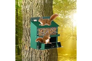 GUIJZSLTRG Metal Squirrel Feeder for Outdoors, Large Capacity Heavy Duty Chipmunk Feeding House with Transparent Bin Wildlife Feeding Station for Garden Yard and Outdoors Decoration, Garden Accessories