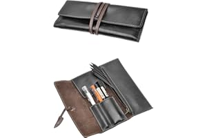 ZLYC Ręcznie wykonane etui na długopisy ze skóry, miękkie, zwijane etui, artykuły piśmiennicze, prezent dla studentów, czarny, jeden rozmiar, Retro