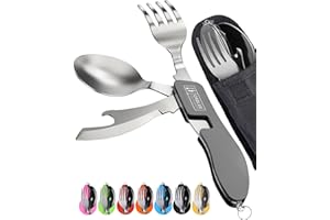 ORBLUE Set Posate da Campeggio Pieghevoli 4-in-1: (2 Pezzi) Forchetta, Cucchiaio, Apriscatole e Apribottiglie in Acciaio Inossidabile con Custodia