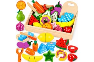 SaiXuan Leksaksset i trä för barn, fruktskärleksak, med skalare/träkniv/skärbräda, falsk mat för kök, perfekt present till ba