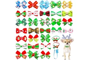 BIPY 50PCS Small Dog Christmas Bow Ties Bulk for Pet Medium Dogs Cats Puppy Grooming Xmas Adjustable Bowties Assorted Random Styles for Party Accessories