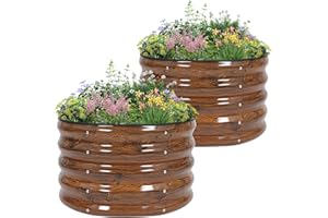 BIRDSINYARD 2 Stück 60x60x40cm Rundes Hochbeet, Metall Hochbeet Garten im Freien Pflanzer Box für Gartenarbeit Pflanzung Pflanzen Gemüse, Kräuter, Blumen, Holzmaserung