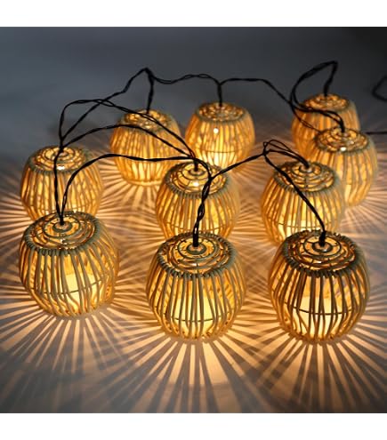 LED Lichterkette Lampions Außen – 10 Stück, 3,8 M, Rattan-Optik, Solar, Warmweiß, IP66 Wetterfest – Für