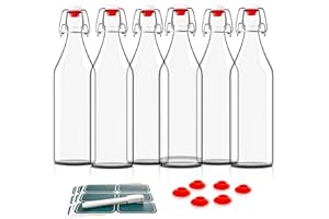 OTIS CLASSIC Otis Glass Bottles w/Stoppers - Set of 6 w/Plastic Swing Top for Home Brewing, Water & Kombucha - Flip Top 16oz Glass Bottle w/ 6 Bonus Gaskets