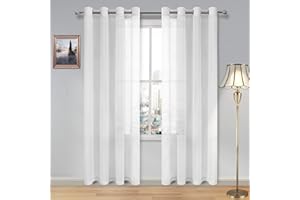 DWCN White Sheer Curtains Textured Semi Transparent Eyelet Top Decorative Voile Curtain for Living Bedroom, 52" Wide x 84" Drop, 2 Panels