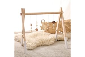 Promise Babe Arche de Jeu Bébé Bois Baby Gym Bois Arche de Jeu Bébé Nouveau-né Jouet Arche de Jeu Centre d'Activité Bébé Beige Etoiles Design Amovible Arche de Jeu Bébés Bois