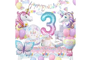 LAISLLA Einhorn Partygeschirr Set, Einhorn Geburtstagsdeko 3 Jahre Mädchen, Geburtstag Party Geschirr, Pappteller Kindergeburtstag mit Einhorn Luftballons für 3. Geburtstag Mädchen Deko