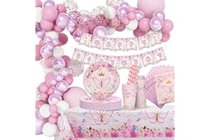 YIMAKJ Vaisselle de Fête Assiette, Fille Kit Vaisselle Anniversaire de fête, Papillon Enfants Party Vaisselle pour Les Fêtes, Mariages, Fêtes de Remise des Diplômes, Baby Shower (16 invités)