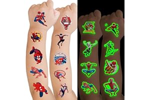 ‎TRUSTKK Leuchtendes Tattoo Spiderman, 6 Blätter Tattoo Kinder, Hautfreundliche Kindertattoos-Sticker Für Mädchen Und Jungen, Wasserdichtes Temporäre Tattoos Für Kindergeburtstag Und Partyspiele