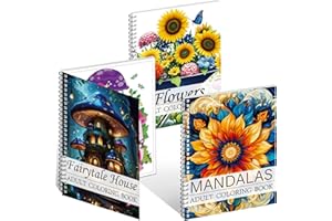 Aannanl 3 Pièces Livre de Coloriage Adulte,Cahier de Coloriage Adulte Anti Stress inclure Mandalas, Fleurs et Thème Maison de Conte de Fées,Relaxation Antistress Art-Therapie Loisirs Créatifs