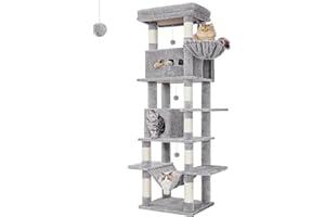 Hzuaneri 210 cm Grand Arbre à Chat, Tour à Chat pour Chats d'intérieur, avec Grand Perchoir, Tapis Lavable, 2 Niches Chats, 8 Griffoirs, Hamac, Pompons, Gris Clair MS21018LG
