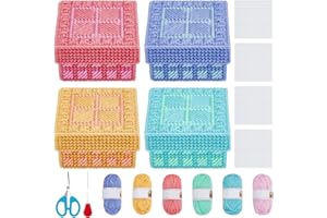 FREEBLOSS Kit de lienzo de plástico: 4 juegos de manualidades de bordado con 12 hojas de malla de lona de plástico de 14 x 14 cm, hilo de 6 colores, enhebrador, aguja de agujero grande, caja de