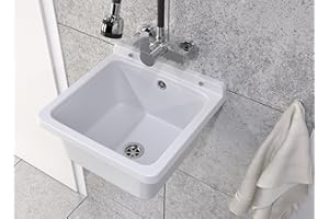 Granitan Ausgussbecken für Garage Keller Werkstatt und Waschküche - Universal Waschtrog mit Siphon - Waschbecken Wandmontage für Innen- und Außenaufstellung - 40x38x22,8 cm - Weiß