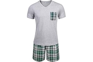 Winovia Herren Schlafanzug Kurz Pyjama 100% Baumwolle Kurzarm Nachtwäsche Shorty Schlafanzug Nightwear Set mit Karierter Hose