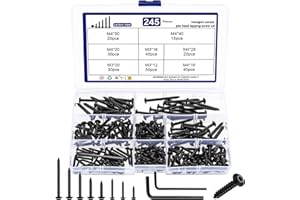 YOUYIDUN 245 sztuk M3 M4 Zestaw wkrętów do drewna, zestaw wkrętów samogwintujących, wkrętów z łbem walcowym, wkrętów z łbem gniazdowym, wkrętów z łbem okrągłym, wkrętów z łbem sześciokątnym do napraw DIY