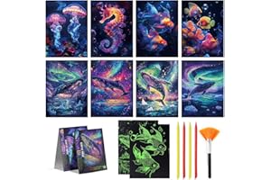OERPHH 13pcs Rainbow Scratch Cards, Whales Sea Animals Glow in The Dark Scratch Art Cards with Scratch Art Tools, Scratch Art for Adults Kids Christmas Birthday Creative Gift (Style-01)
