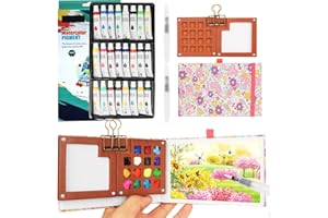 MINYSIC Mini Watercolour Paint Set Travel, Pocket Watercolour Set with 15 Grids Wooden Palette, 24 Colours, 2 Brushes, Metal Clip & Sketchbook for Artists, Beginners & Travel Sketchers