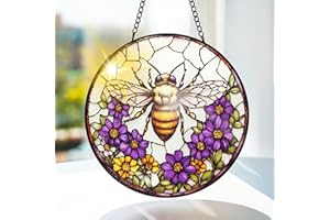 Bimkole Bee Stained Glass Suncatcher Window Hanging - Flowers Design for Indoor Window or Doorway Decoration - 7.87x7.87 inch/20x20 cm with Chain and Hook - Unique Home Decor Gift