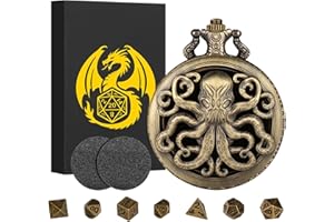 KELLER & WEBER Mini DND Dados Set Steampunk Bronce Hueco Pulpo Caja de Reloj de Bolsillo 7 Piezas Metal Poliédrico D&D Dados Set DND Regalos con Caja de Regalo, Juego de Rol Juego de Mesa Accesorios Dados