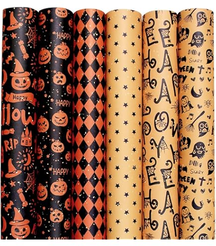 Central 23 Lot De 6 Feuilles De Papier Cadeau D'Halloween - 68,6 X 48,3 Cm - Motifs étranges Avec étiquettes Et Autocollants