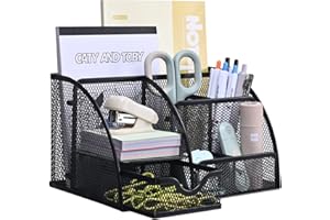MumdoYAL Organisateur de bureau en maille métallique avec tiroir et porte-stylos pour stylos, notes adhésives, agrafeuses, trombones, compact et élégant pour un gain de place.