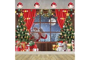 TENCOW Toile de fond pour fenêtre de Noël, sapin de Noël, Père Noël, neige, fond de photographie de Noël, nuit, forêt, fenêtre en bois, lune, cadeaux de vacances, cabine photo de famille (2,4 x 1,8 m : 2,4 x