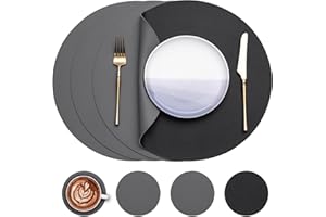 Myir JUN Tovagliette in Pelle e Sottobicchieri, Set di 4 Tovagliette Rotonde e sottobicchieri 38cm Rotonde Tovagliette Americane Bifacciale Non-scivolose Impermeabile (Grigio & Nero, Set di 4)