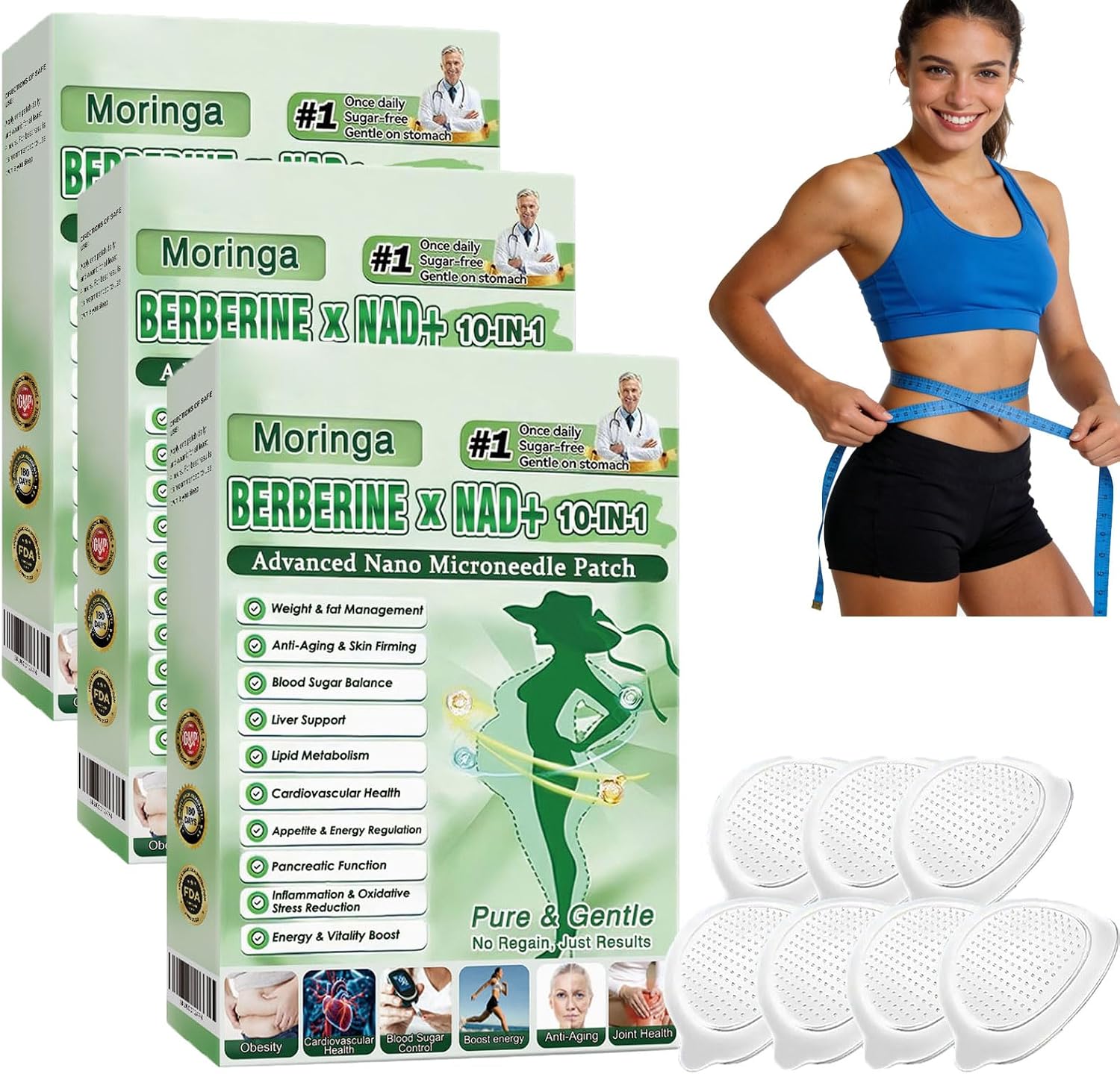 Moringa 10 in 1 Slimming Patches, Moringa Advanced Microneedle Patch 10 in 1, Berberine for Slimming, Professional Metabalance Patch for Men and Women (3pcs)
