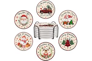 SHAEOTEK Christmas Coasters for Drinks, Santa Reindeer Ceramic Coasters for Drinks, Set of 6 Drink Coasters with Metal Holder, Absorbent Round Non-Slip Drink Coffee Bar Mug Cup Coaster Decoration Gifts
