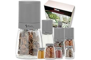 1ATTACK.DE Set di 4 macinini per sale e peperoncino, 8 pezzi, 4 macinini di ricambio, senza contenuto di spezie, 140 ml, set da 4 pezzi, grigio