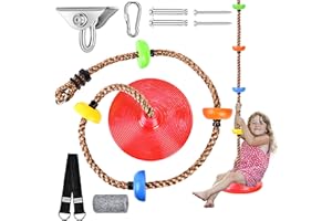 Herefun Corde d'escalade Balancoire, Balançoire Disque pour Enfants avec Plateforme, Crochets, Bande de Connexion, Charge maximale 200 kg, Balançoire Extérieur Suspendu pour Balcon Jardin (Rouge)