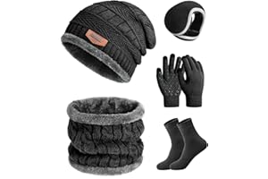 heekpek Mens Hat Scarf Glovers Set Unisex 5PCS Winter Set in Gift Box Fleece Lining Knitted Beanie Hat Earmuffs Neck Warmer Knit Gloves Thermal Socks Gift Set for Skiing Hiking Driving