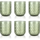 Joeyan Set of 6 Green Water Glass Cups, 200 ml Embossed Glass Cup | Elegant Retro Coloured Tableware, Glassware for Bar Resta