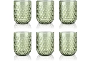 Joeyan Set de 6 Vasos de Cristal Agua Verde, 200ml Taza de Vidrio con Relieve, Vajillas de Colores Retro Elegantes, Cristaleria para Bar Restaurante en Casa, Apto para Lavavajillas