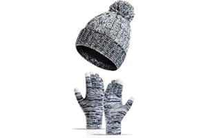 QKURT Women’s Beanie Hat Gloves Set, Winter Thermal Knit Hat Full Finger Gloves Set for Girls Women